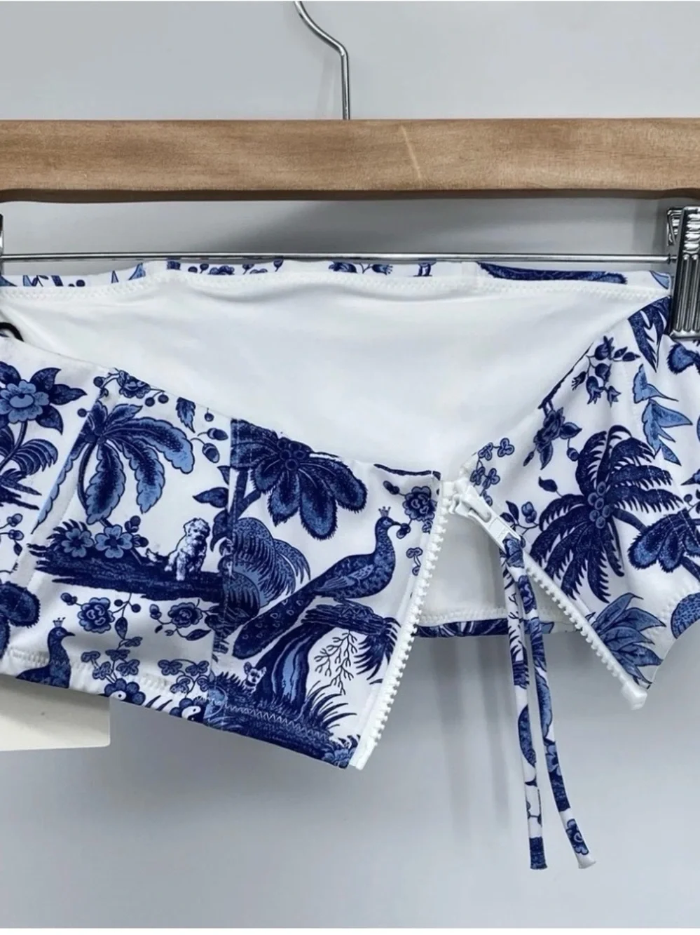 STAUD Blue and White Tropical Print Bandeau Bikini Top